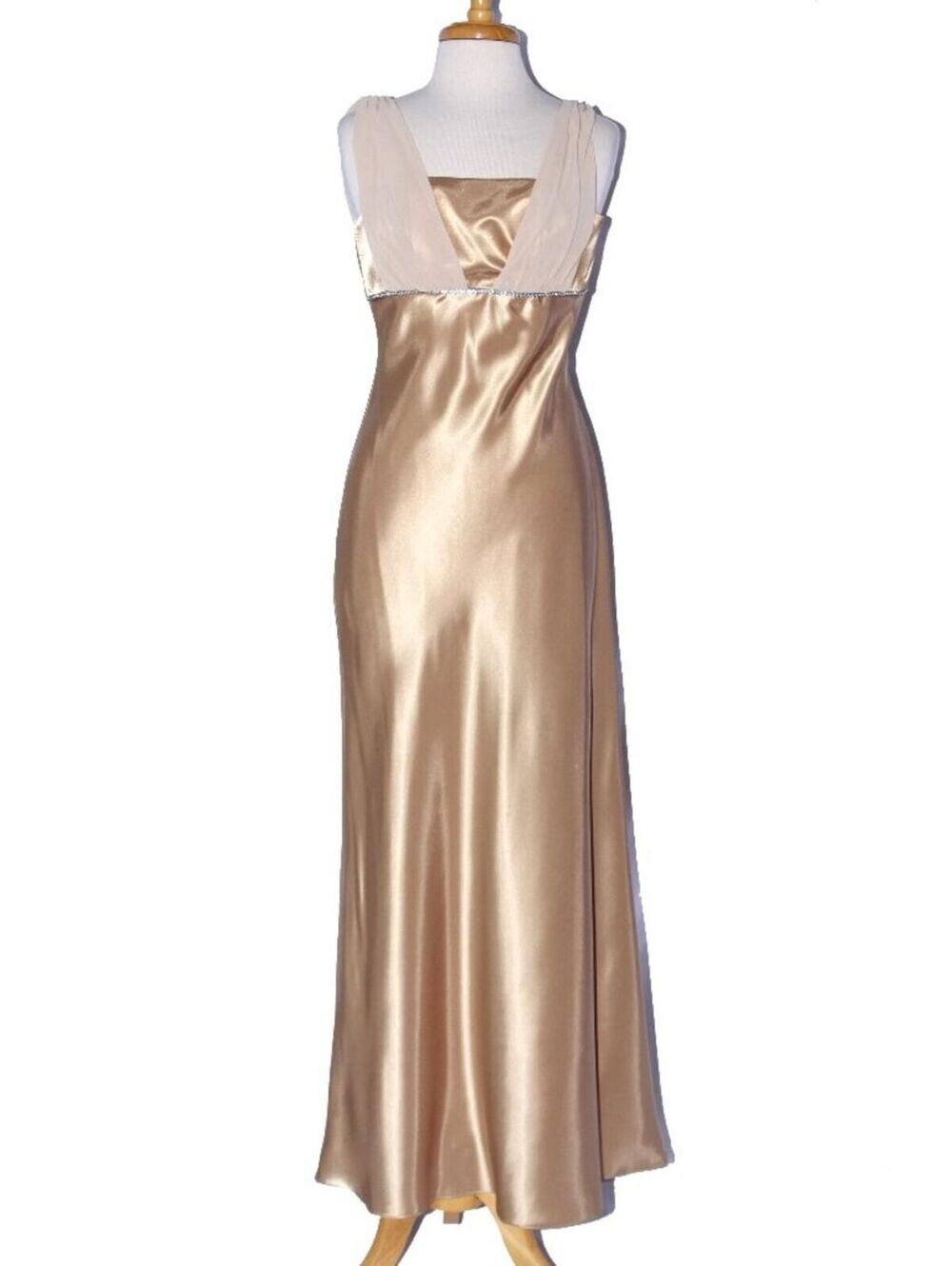 Poly USA 2686 Charmeuse Satin Goddess Gown-Size S- GOLD-NEW W/Tags